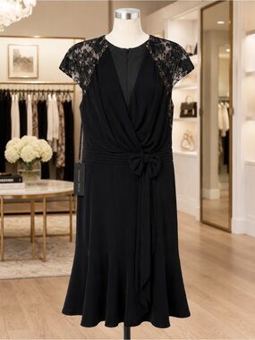 Tadashi Shoji Black Lace Draped Bow Midi Dress Size 16 NWT MSRP $368